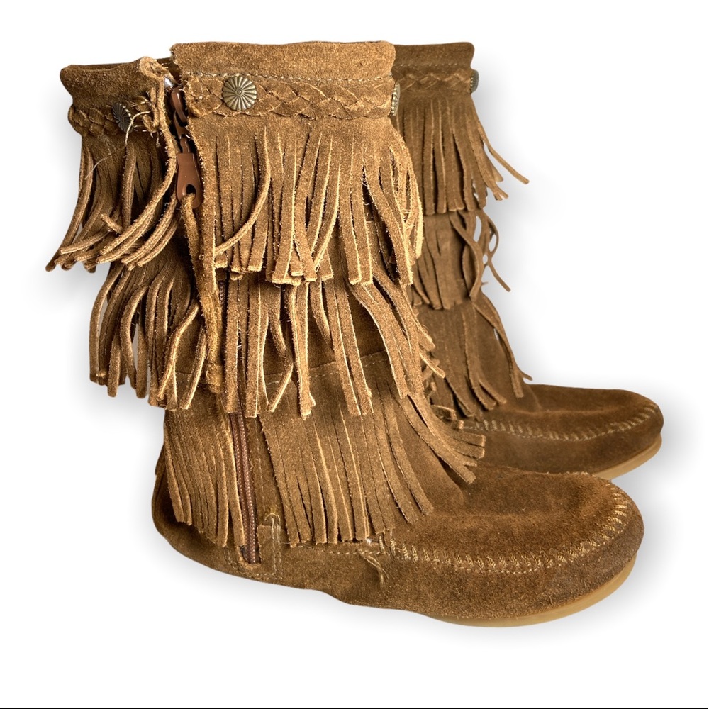 Minnetonka Fringed Leather Boho Boots Brown Girls Child's 3 Fringe Festiva